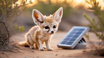 Obraz premium A fennec fox curiously approaches a solar panel in a desert setting, showcasing wildlife and renewable energy.