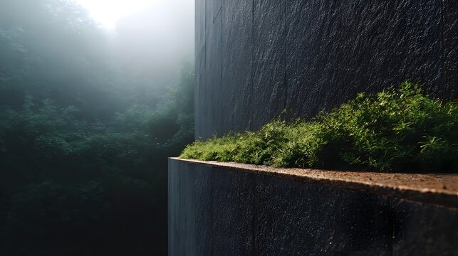 A serene scene of lush green moss growing on a dark textured stone wall with a misty forest in the background