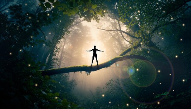 Person Standing on Tree Branch Surrounded by Sparkling Lights in Mystical Forest