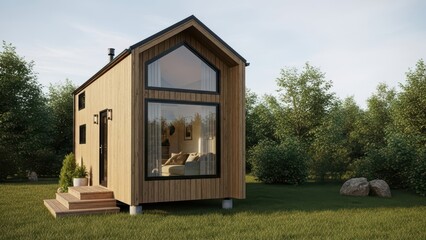 Modern wooden tiny house in nature with large window design