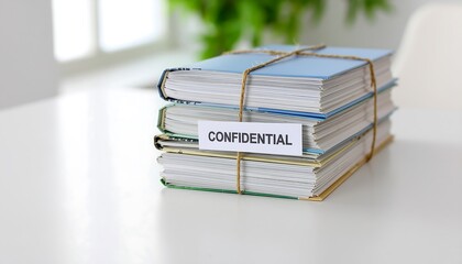 A stack of important business documents prominently labeled 'Confidential', symbolizing secure information management and data protection protocols in a professional setting