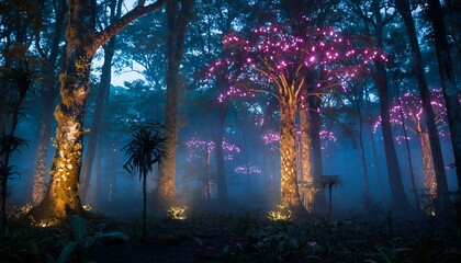 Illuminated Forest with Pink Glowing Trees and Blue Misty Atmosphere at Night