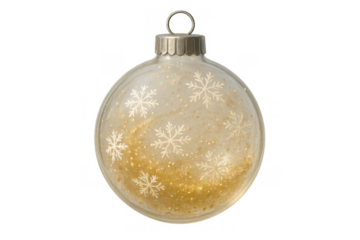 Transparent christmas ornament showcasing golden glitter and white snowflakes for holiday styling and seasonal cheer