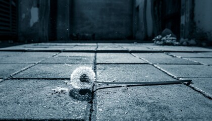 Dandelion Seed Head on Wet Pavement in Dim Light with Droplets and Grassy Background