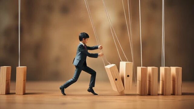 Businessman Controlling Wooden Blocks with Strings in Concept of Management and Leadership Skills in a Creative Setting