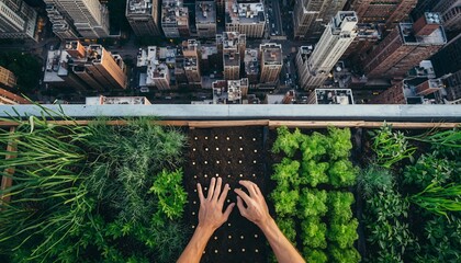 Urban Rooftop Garden with Lush Green Plants Overlooking City Skyscrapers