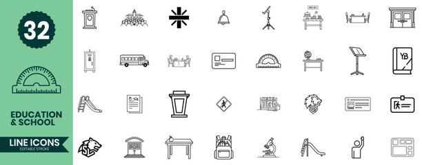 Education & School Line Icons – Minimalist Outline Classroom, Learning, Teaching, Stationery Icon Set