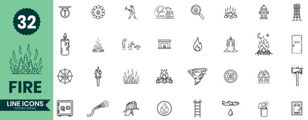 Fire Line Icons Set  Minimal Vector Flames, Safety, Heat & Firefighting Symbols
