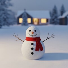 A cheerful snowman with a red scarf stands in a snowy field, with a cozy house illuminated in the background during twilight.