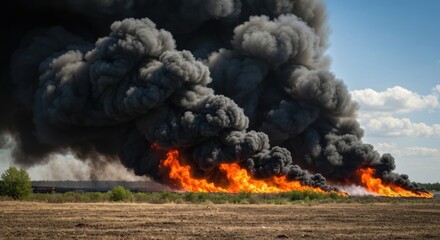 Field on fire with thick black smoke billowing into a blue sky