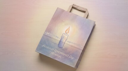 soft pastel shopping bag print template for holocaust remembrance day memorial illustration template featuring single burning candle with faint barbed wire