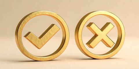 Gold checkmark cross symbol icons 3D approved rejected signs UI elements premium golden interface design
