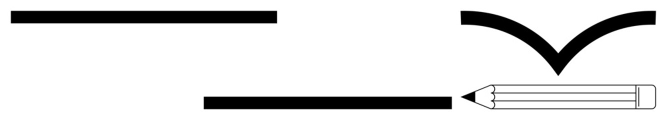 Obraz premium Writing, editing, creativity, communication, education, design. Black horizontal lines, downward arrow and pencil icon displayed on a white background. Writing and editing