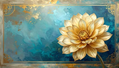 Ornamental flower on a blue and gold watercolor wash framed in gold with a vintage style pattern in the corners