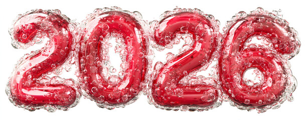 Happy New Year 2026 balloon bubble effect, 3D vector illustration isolated on transparent background, number 2026 in red inflatable letters