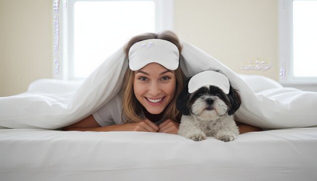 Happy woman and her shih tzu relax under a white duvet wearing sleep masks, cozy and smiling in bed during a bright, peaceful morning at home together