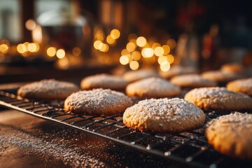 Christmas cookie baking close-up: freshly baked cookies on cooling rack dusted with powdered sugar, warm holiday bokeh and cozy countertop
