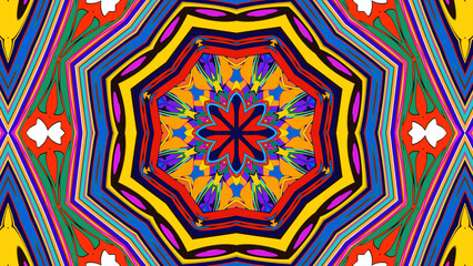 Kaleidoscopic geometric design with perfect symmetry and vibrant rainbow colors, creating a bold psychedelic visual effect. Ideal for digital art, music visuals, and retro designs.
