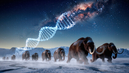 Wollhaarmammut-Herde in arktischer Eiszeit-Tundra unter Milchstraße mit DNA-Helix