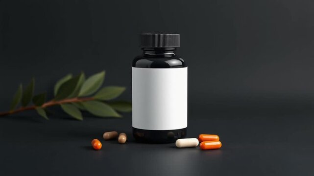 Black bottle of dietary supplement with blank label on dark background alongside various colorful capsules and tablets for health and wellness concepts