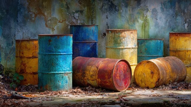 abandoned colorful barrels against weathered wall - vintage industrial drums with rust, peeling paint, and patina