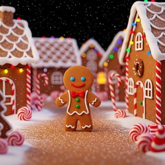 Gingerbread man standing in a snowy village of gingerbread houses decorated with icing, candy canes, and colorful Christmas lights under a starry night sky.