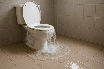 Frustrating overflowing toilet spilling water onto bathroom floor creating messy wet flood and potential damage