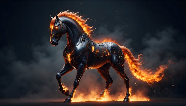 Majestic Fiery Armor Horse Standing in the Dark Smoke Illustration