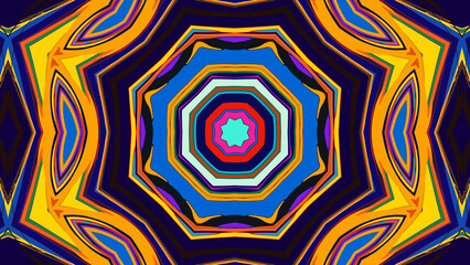 Kaleidoscopic geometric design with perfect symmetry and vibrant rainbow colors, creating a bold psychedelic visual effect. Ideal for digital art, music visuals, and retro designs.