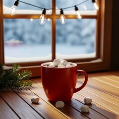 Cozy winter scene with a red mug of hot chocolate topped with marshmallows on a wooden windowsill, with a snowy landscape visible through the window.