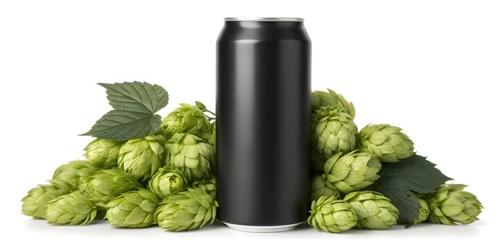 Black beer can hops leaves brewery craft drink mockup natural ingredients brewing concept green hop background - Beer Can Mockup