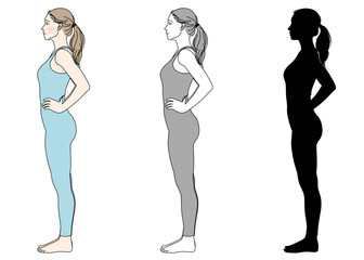 姿勢改善 腰に手を当てて立つ正しい姿勢の女性のイラストとシルエットセット 全身横向き