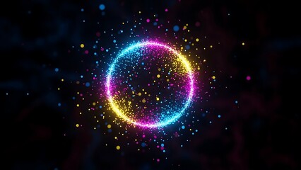 &ldquo;vibrant multicolor neon energy ring glowing with particles, circular light spectrum, futuristic abstract digital halo design&rdquo;