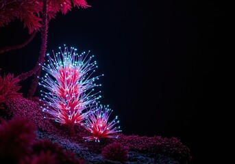 Vibrant bioluminescent flora from another realm, showcasing intricate patterns and an ethereal glow within an exotic ecosystem ,distant world ,unique ,pattern