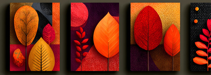 Set bright Autumn cards for greeting autumn,sales or fall festival. Vertical banners with fall leaves,geometric patterns.Fall themed covers.Template for design,print,flyers,social media,web,ads.Vector