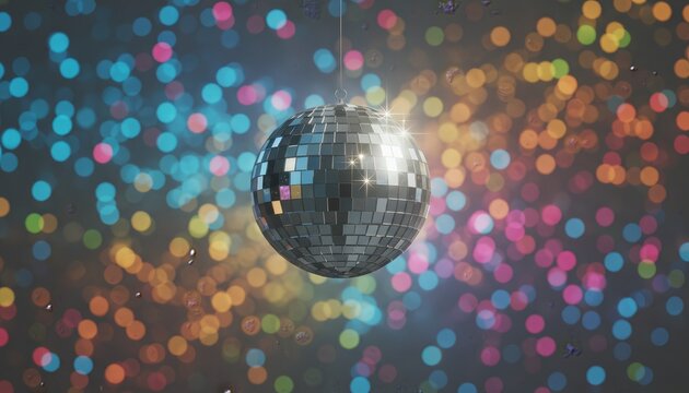 Disco ball hanging, reflecting bright bokeh lights, symbolizing celebration, party, nightlife, and retro club atmosphere for events, entertainment, and fun concepts