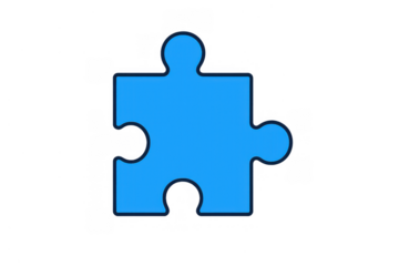 Blue jigsaw puzzle piece representing solution, connection, challenge, problem solving, teamwork, and strategy on transparent background