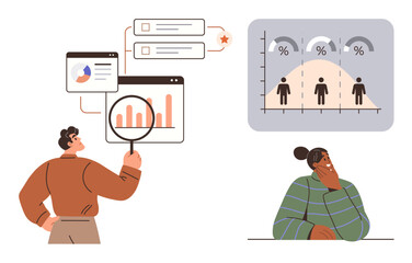 Person studying charts with magnifying glass, percentage graph, thoughtful individual. Ideal for statistics, strategy, business, decision-making, research market analysis problem-solving. Simple