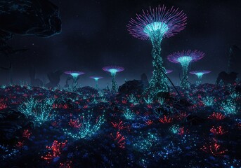 Vibrant bioluminescent flora thrives in an alien ecosystem, casting an ethereal glow across a surreal landscape. Unique structure, extraterrestrial ,organic ,strange ,bioluminescence