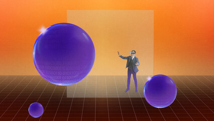 Retro futuristic poster of businessman facing giant binary spheres in digital grid landscape. Concept of data awareness, tech evolution, digital decision making, and corporate innovation themes.