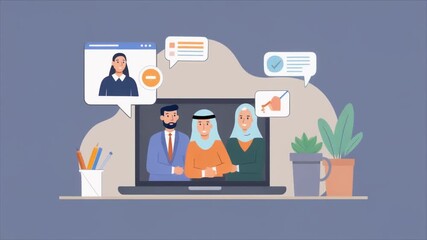 Consultation with Diverse Characters in a Modern Online Meeting Setup Featuring Screen and Plants - Powered by Adobe