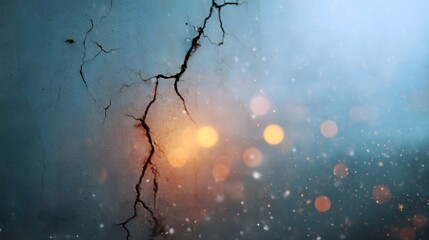A textured cracked wall illuminated by warm bokeh lights against a cool atmospheric background with falling particles