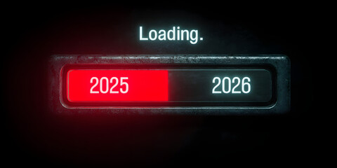 Happy New Year 2026 concept image showing a "Loading..." progress bar, with the years 2025 and 2026 marking the beginning and end of the transition.