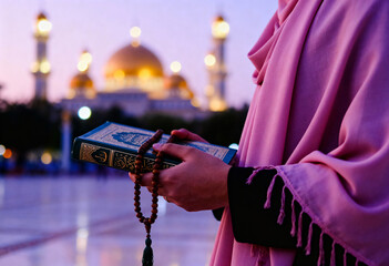 A woman in pink hijab holds a holy quran and prayer beads, standing before a mosque at sunset to muslim pray