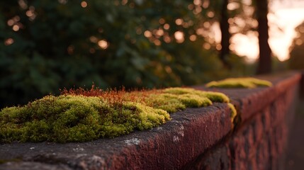 Naklejka premium Lush green moss with red sporophytes covers an old stone wall at sunset with warm bokeh background