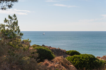 Obraz premium Coastal Algarve view with sandy beach, sailboat at sea and sun loungers near the shore. Use for travel agencies, vacation rentals and hospitality websites.