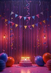 Vibrant birthday party scene featuring shimmering metallic curtains, colorful dangling streamers, and festive confetti decorations ,metallic ,balloons ,happy