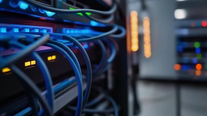 Close-up of network cables connected to a modern server in a data center, showcasing technology and connectivity in a digital environment - Powered by Adobe