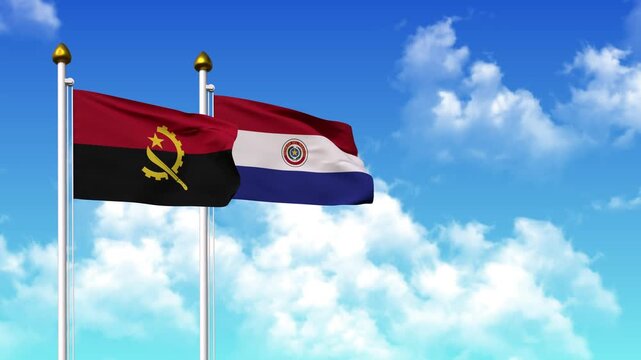 Waving flags of ANGOLA and PARAGUAY on pole included with alpha channel