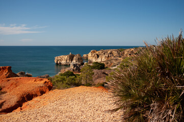 Cliff natural landscape above the Atlantic Ocean in Algarve. Background for travel brochure,...